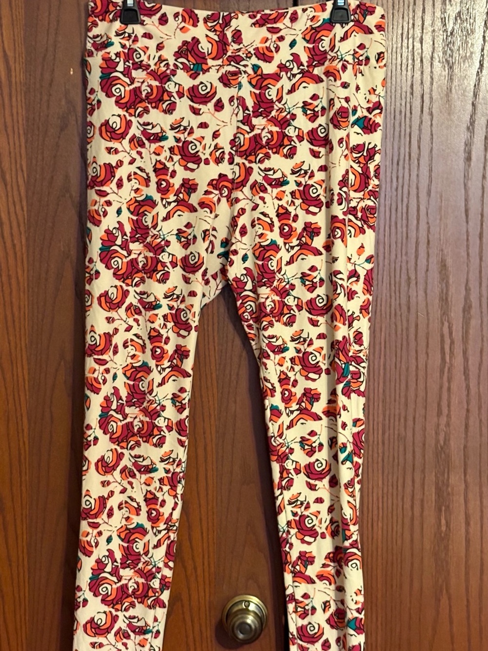 LuLaRoe Cream Leggings with Red and Teal Floral Print
